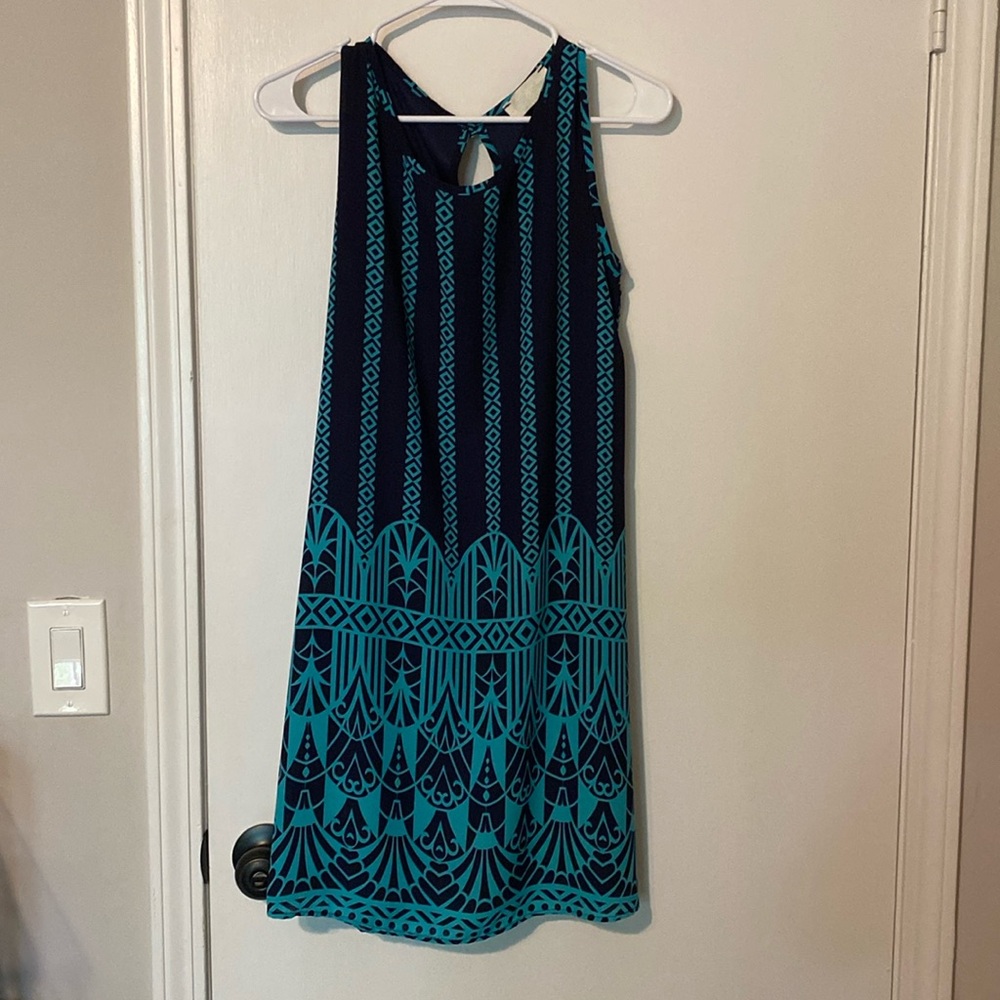 Tilly Anne sleeveless tunic dress size medium geometric print sea blue/navy